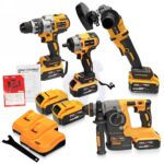 Trusă de scule cvadruplă cu polizor unghiular, cheie, compresor și șurubelniță cu impact. 4 baterii și 1 încărcător rapid