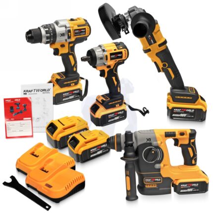 Trusă de scule cvadruplă cu polizor unghiular, cheie, compresor și șurubelniță cu impact. 4 baterii și 1 încărcător rapid